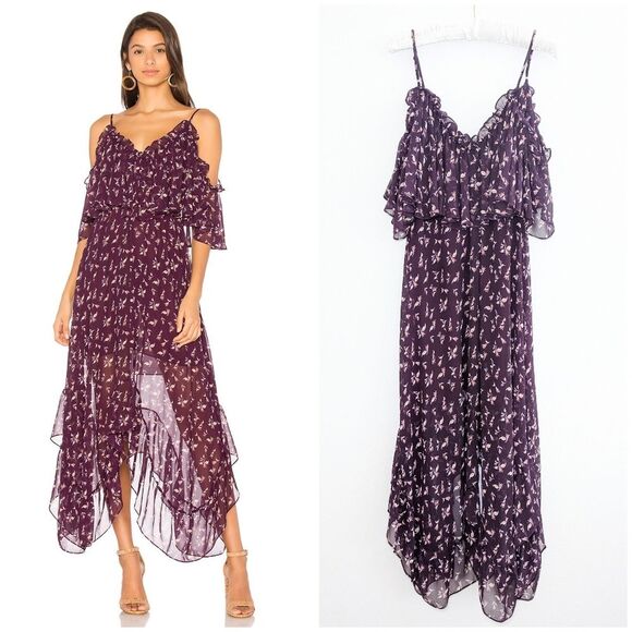 Misa Los Angeles Desi Cold Shoulder Purple Floral Midi Dress - Picture 1 of 13